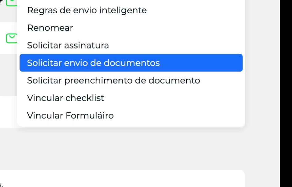 Menu de solicitações documentais: assinatura, envio, preenchimento, checklist e formulário.