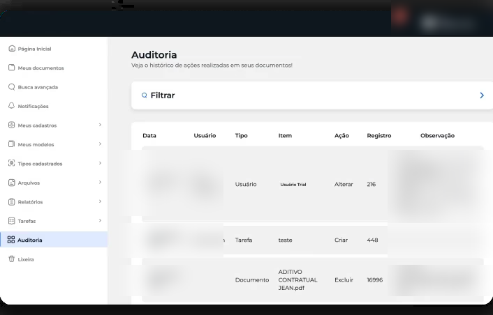 Trilha de auditoria da Clouddoc com data, usuário, tipo de item, ação e registro.